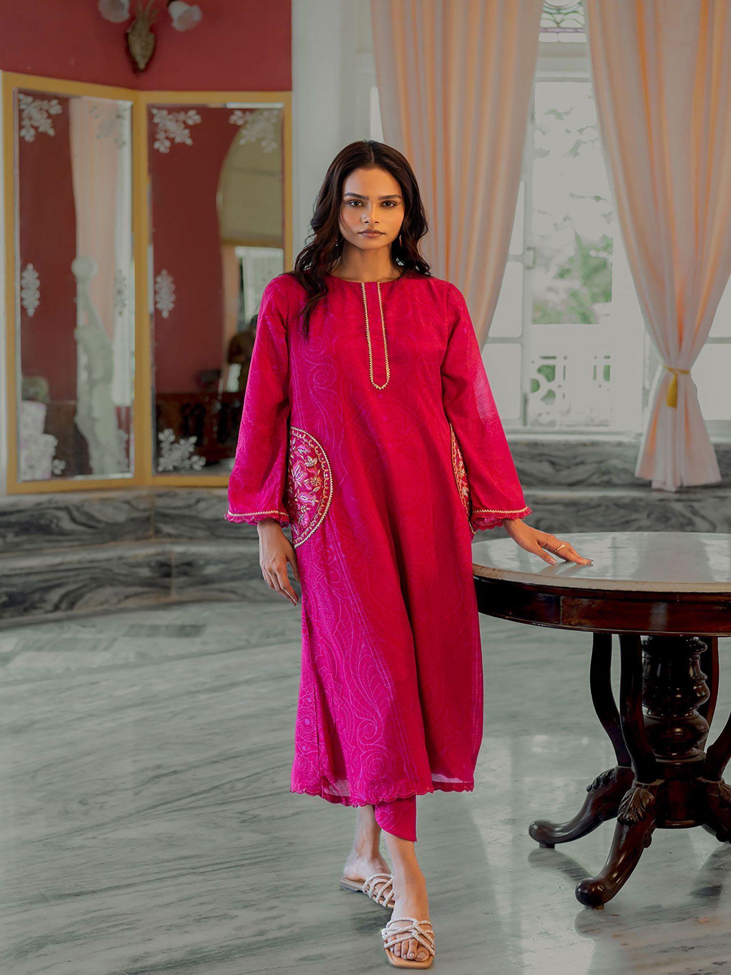 pink pakistani kurta with circle pocket detailing pants (set of 2)