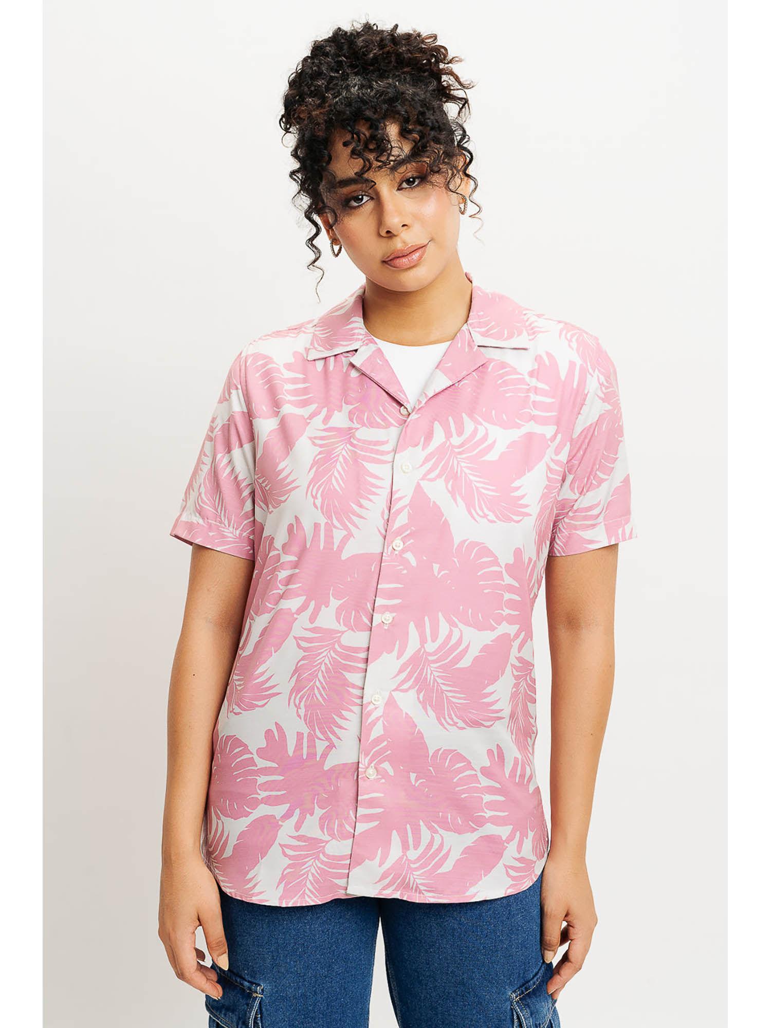 pink palm leaf print women resort shirt