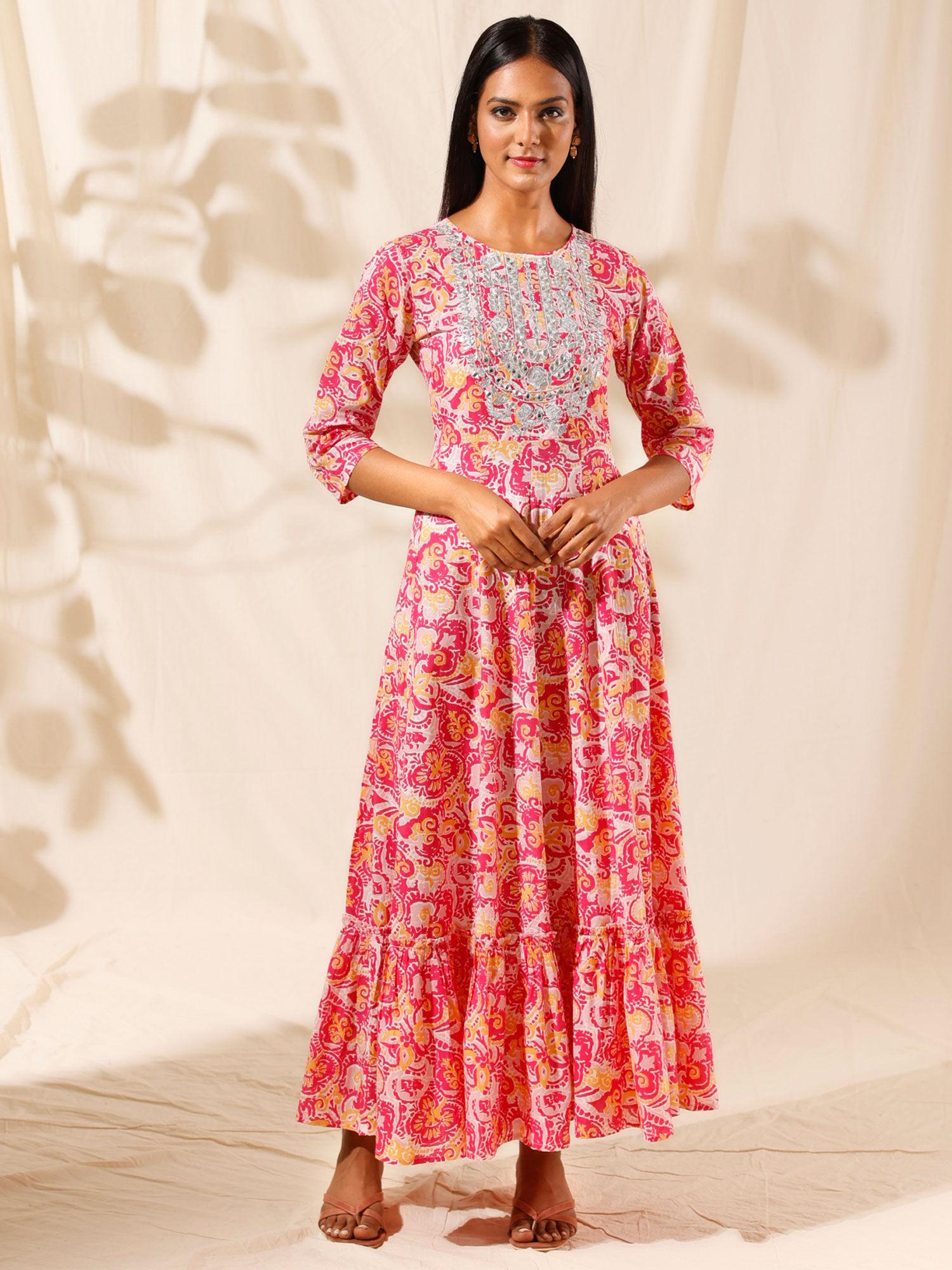 pink panelled ethnci dress with silver lurex embroidery likdrs08