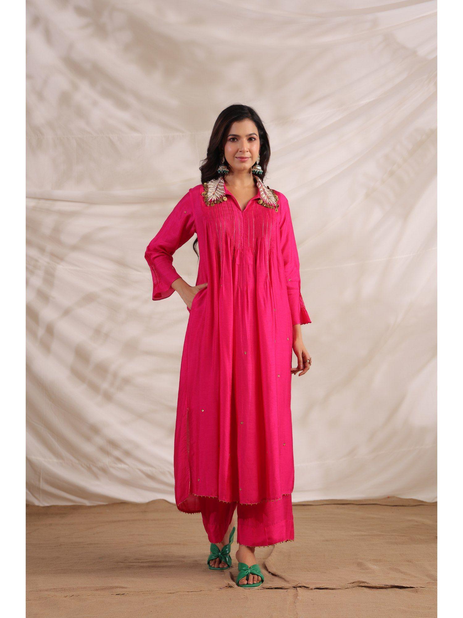 pink pankh pintuck embroidered kurta (set of 2)