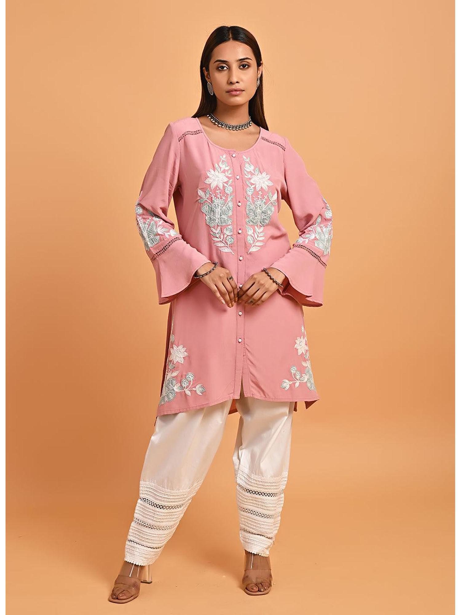 pink patchwork embroidered tunic with asymmetrical hemline