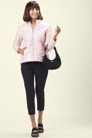 pink patterned casual full sleeves high neck women regular fit jacket