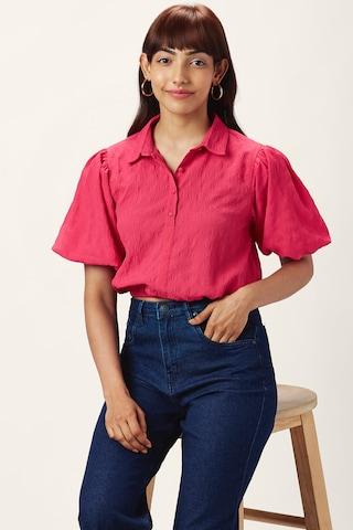 pink patterned casual half sleeves regular collar women regular fit shirt