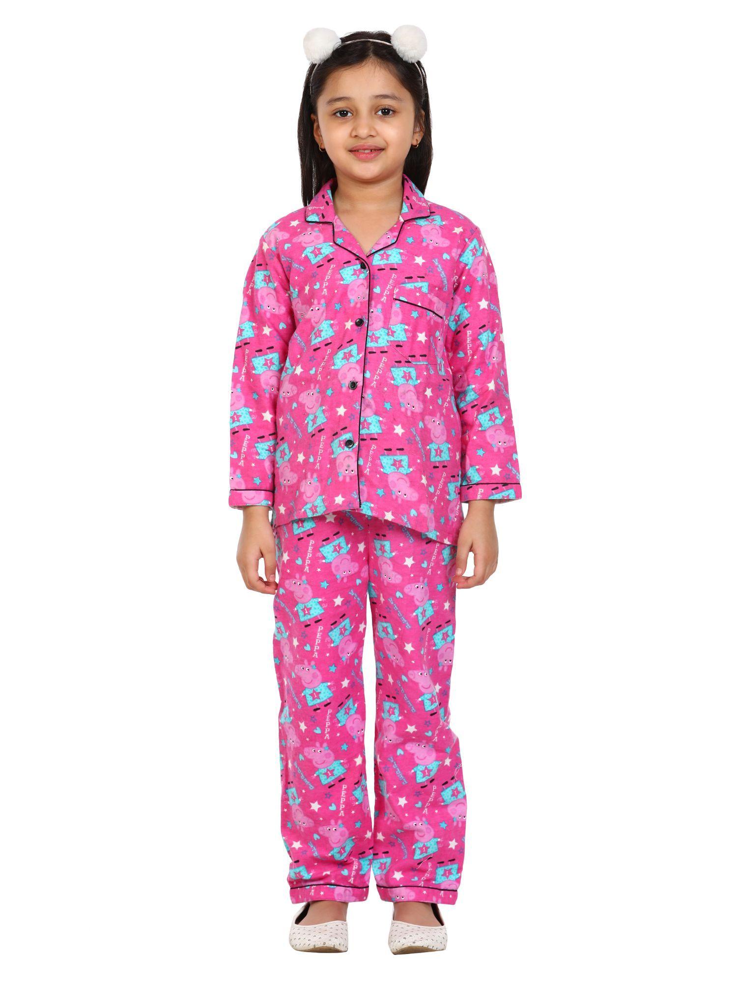 pink peepa-piggy print -flannel long sleeve night suit for girls (set of 2)