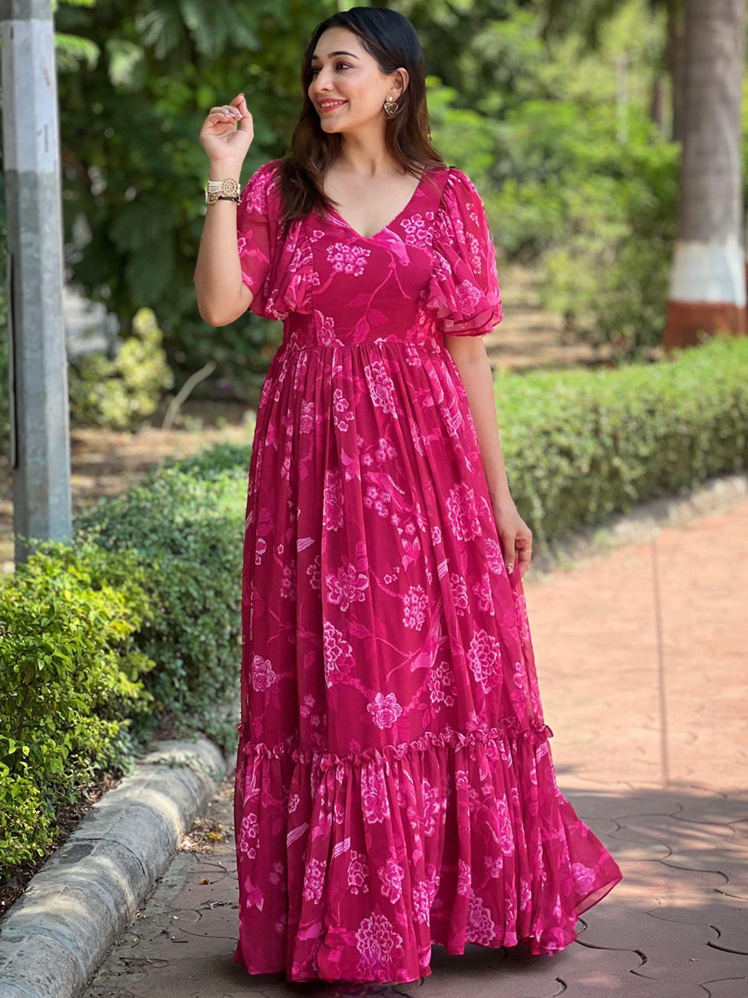 pink peony v-neck flary dress