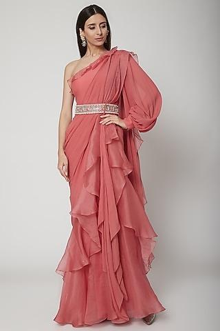 pink peplum draped saree with embroidered belt