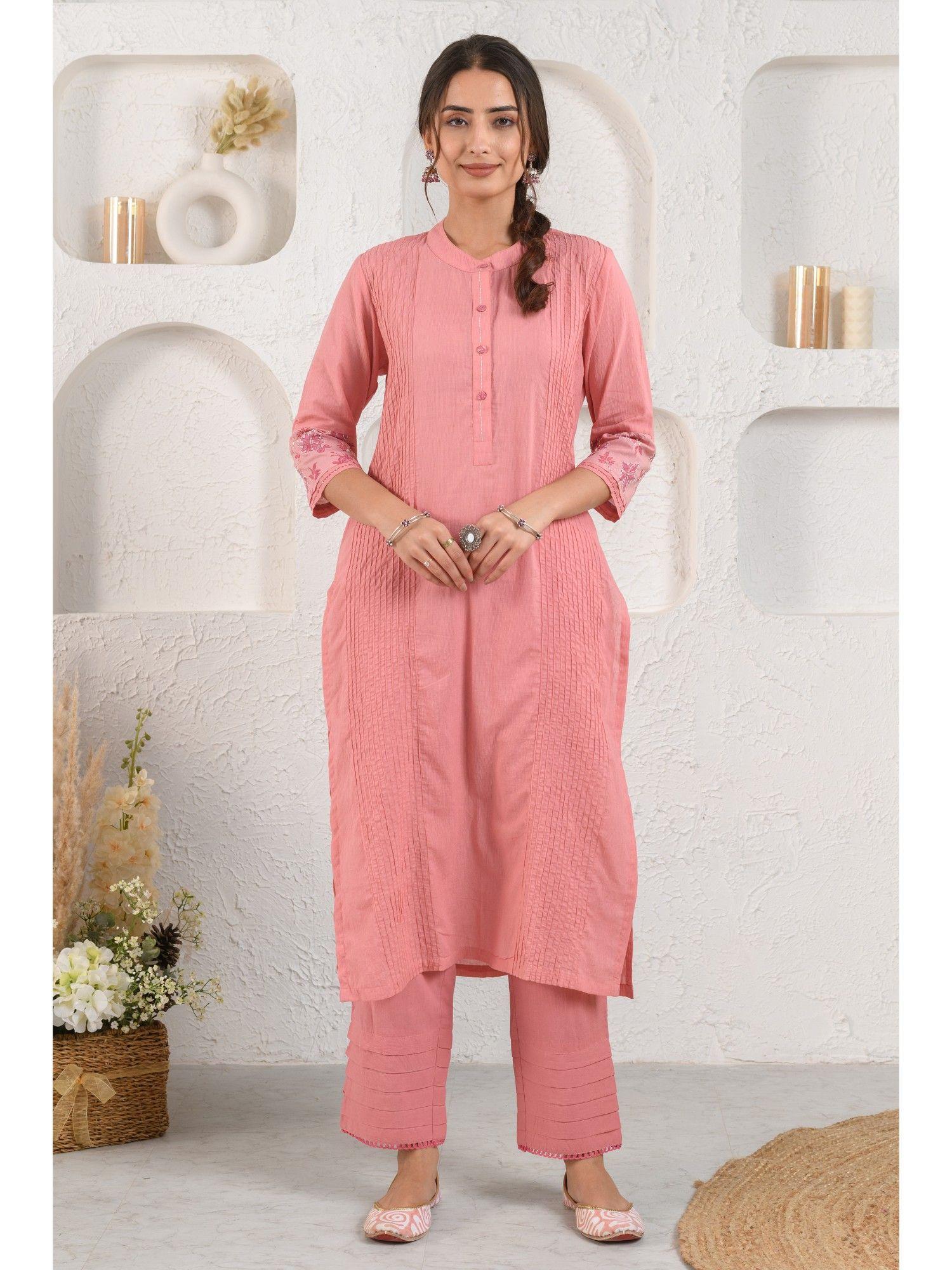 pink pintucked dobby kurta