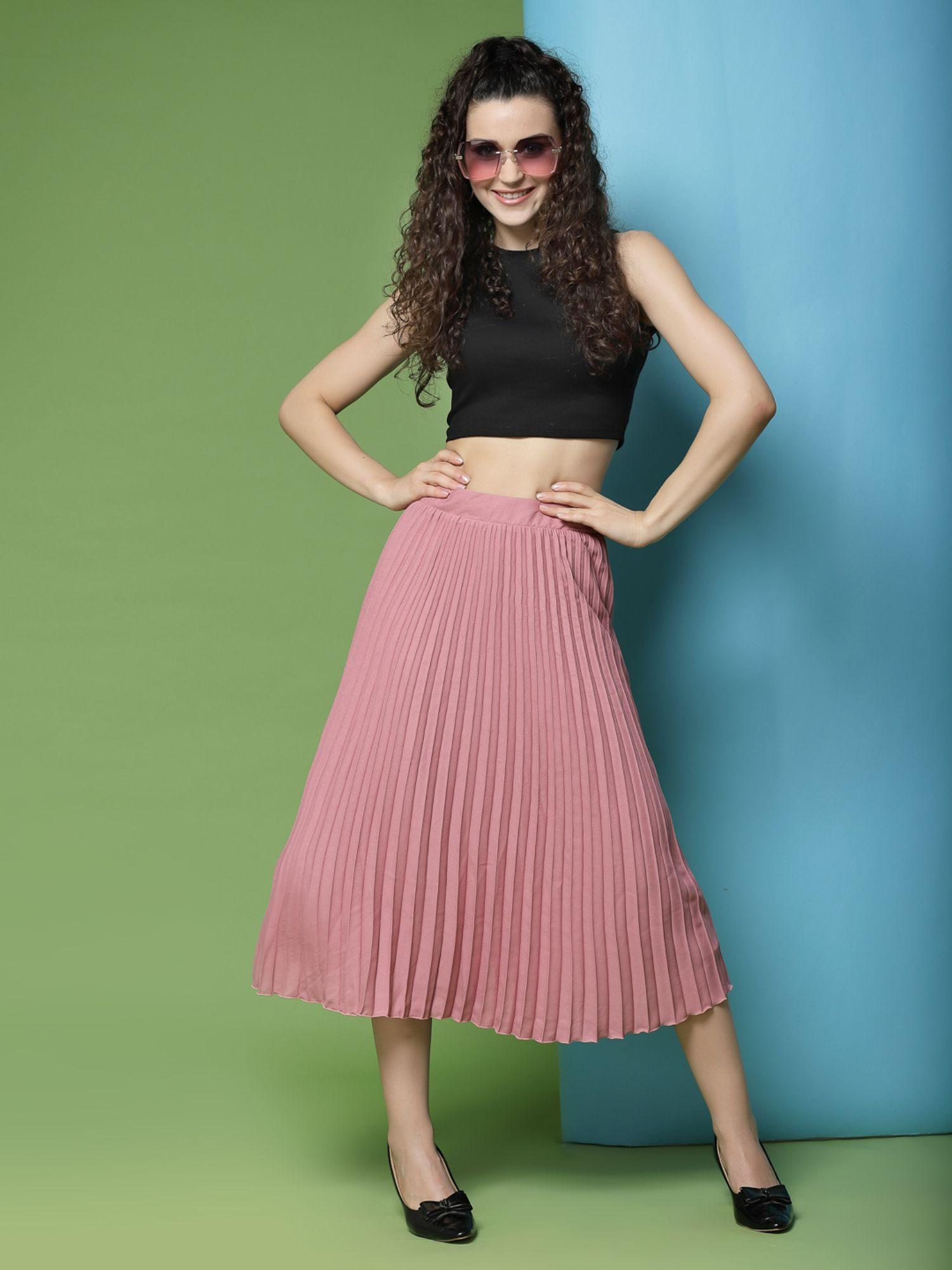 pink pleated flared midi skirt