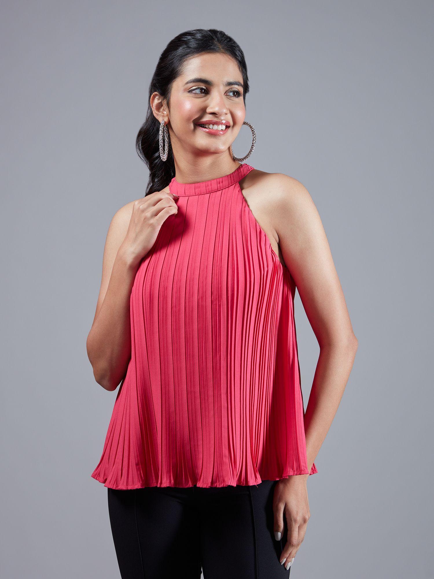 pink pleated halter neck tie up top