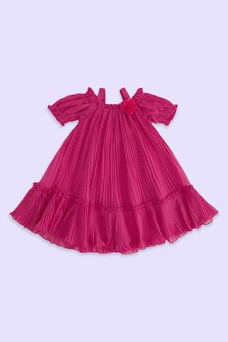 pink pleated off-shoulder party knee length half sleeves girls regular fit dress