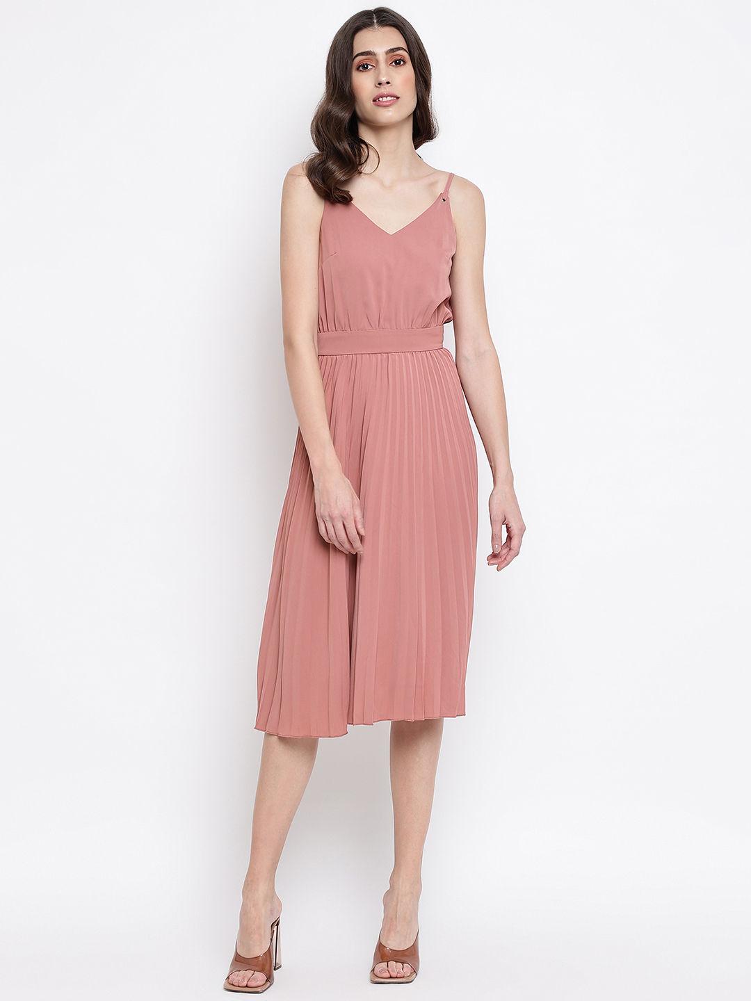 pink pleated plunge v-neck midi dress