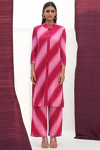 pink pleated polyester printed kurta set