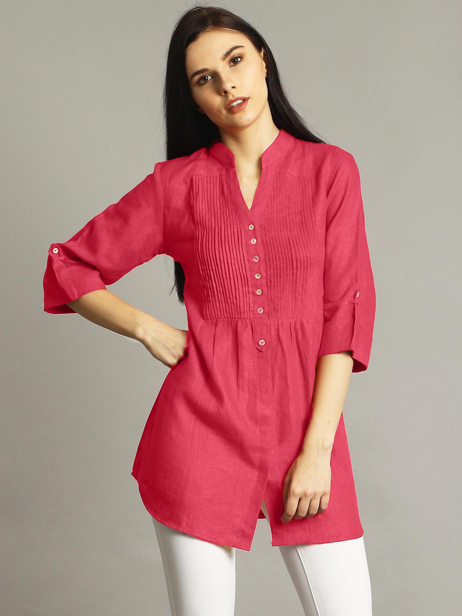 pink pleated yoke roll up tunic