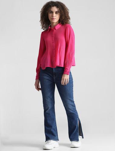 pink plissé full sleeves shirt