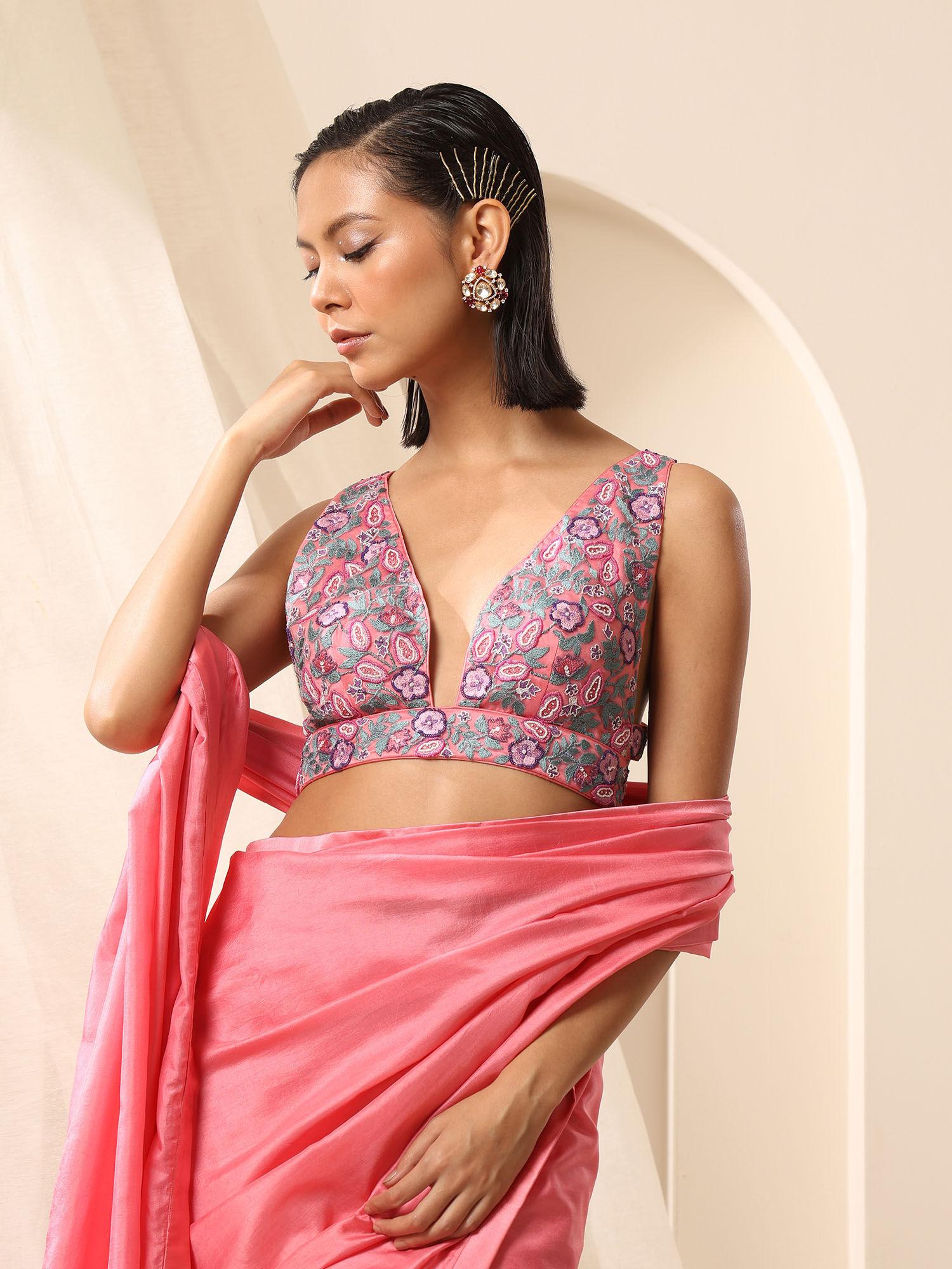 pink plunging v-neck sleeveless net blouse with beaded embroidery