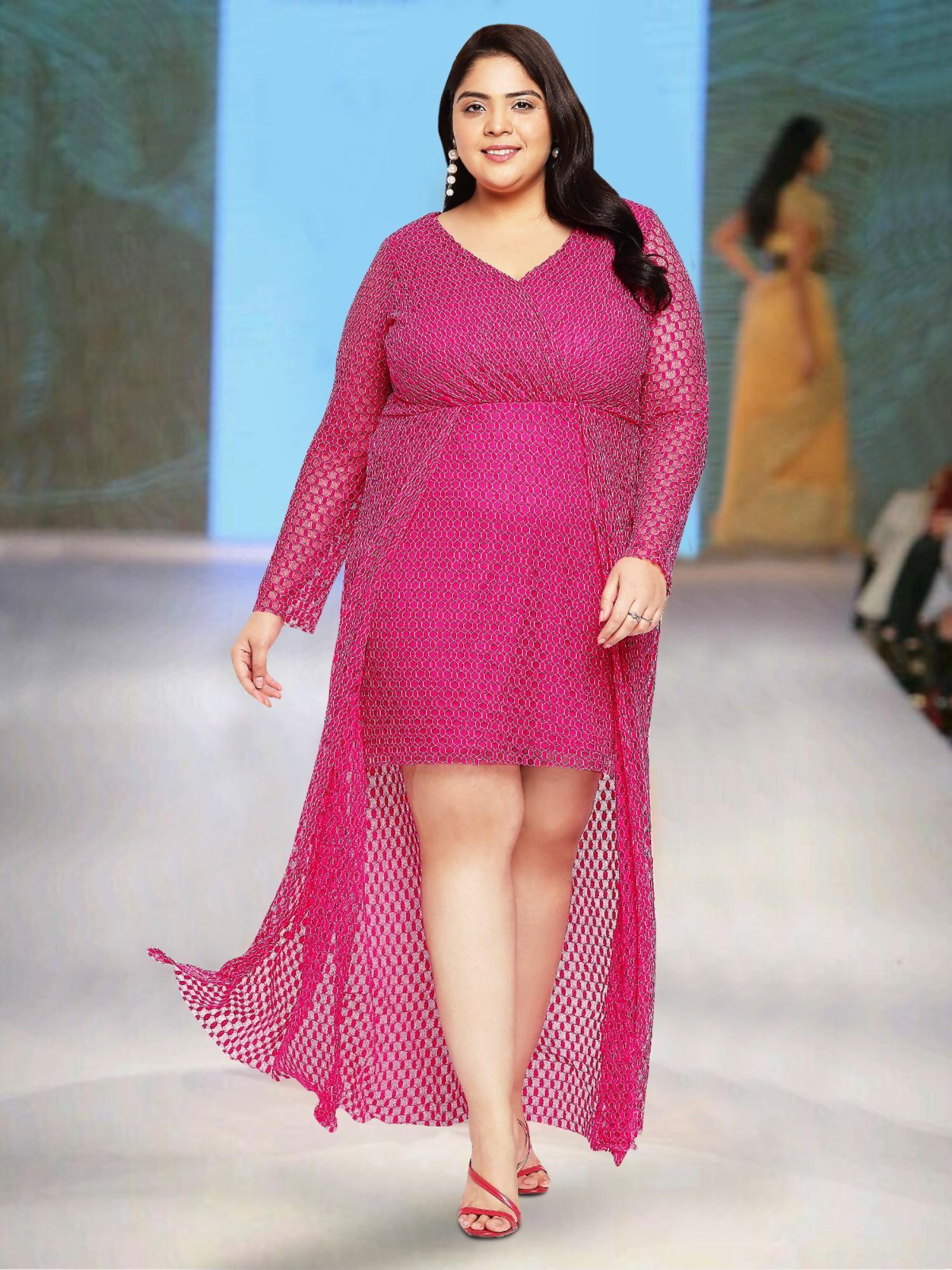 pink plus size overlay lace mini dress