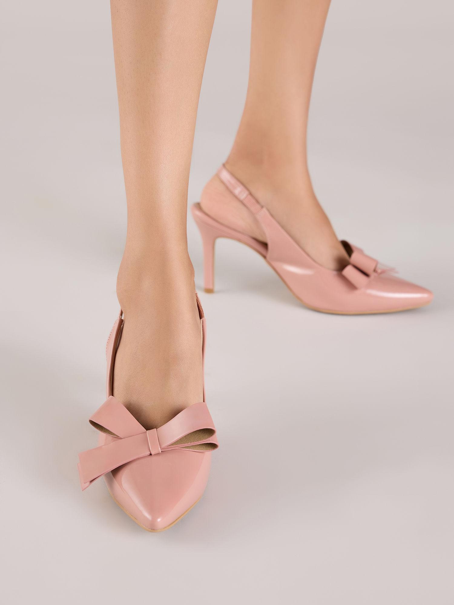 pink pointed toe bow front sling back heels