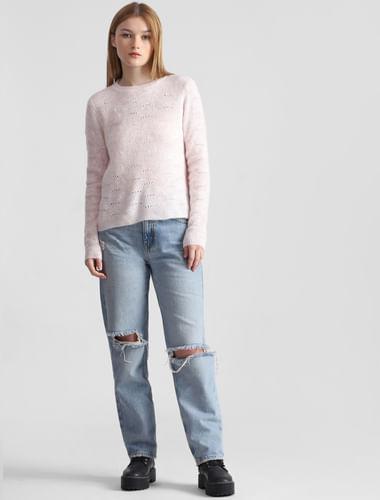 pink pointelle knit pullover