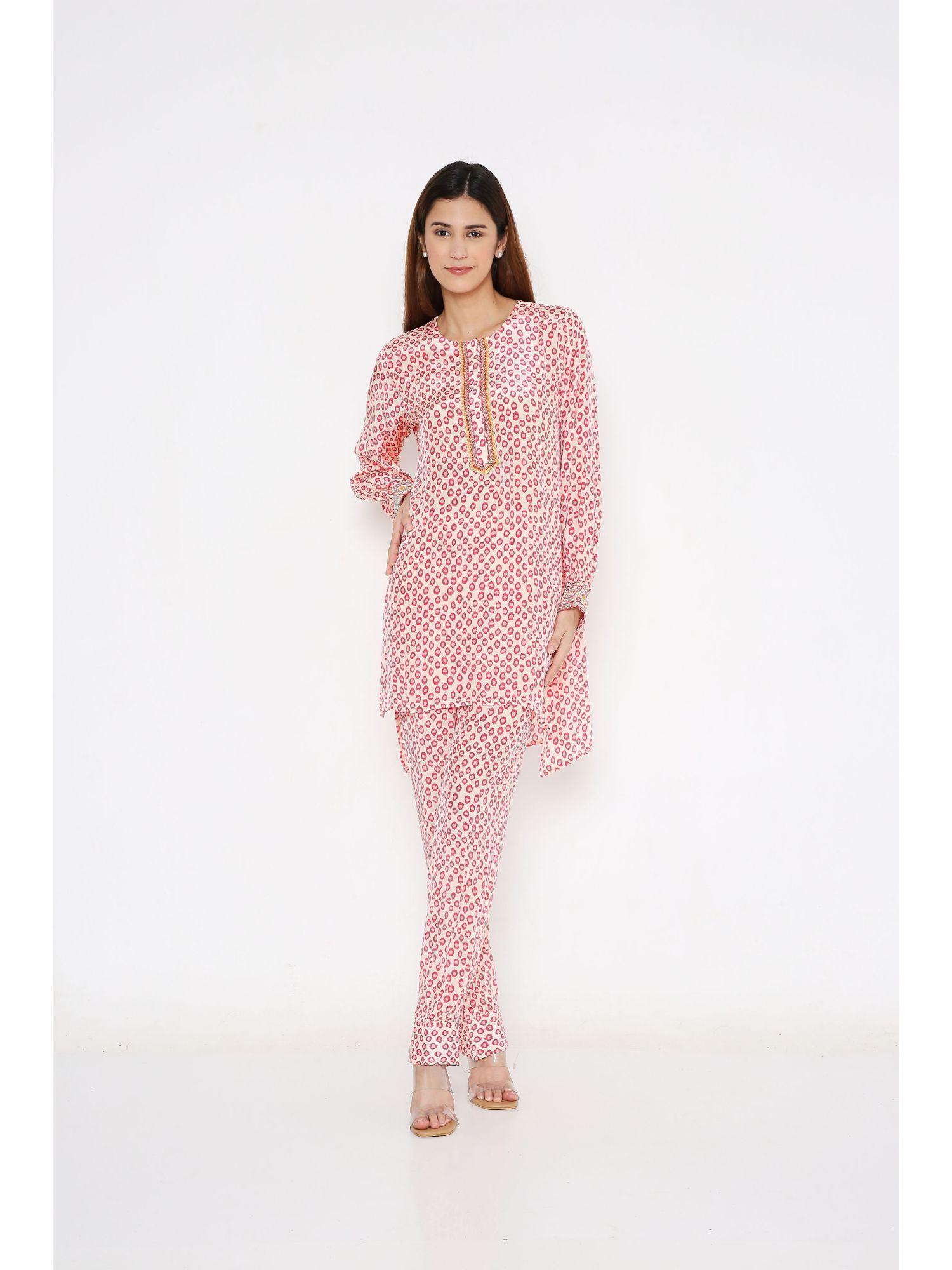 pink polka crepe full sleeve kurta and pant (set of 2)