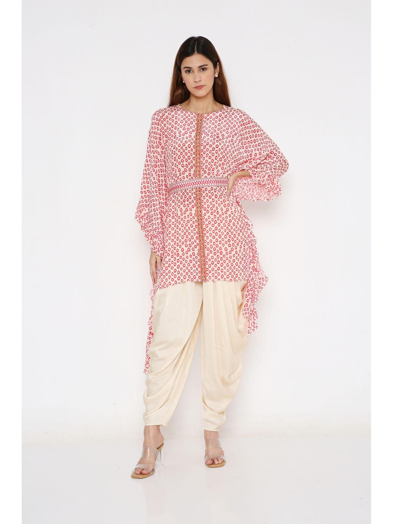 pink polka crepe ruffle kaftan with belt and modal dhoti pant (set of 3)