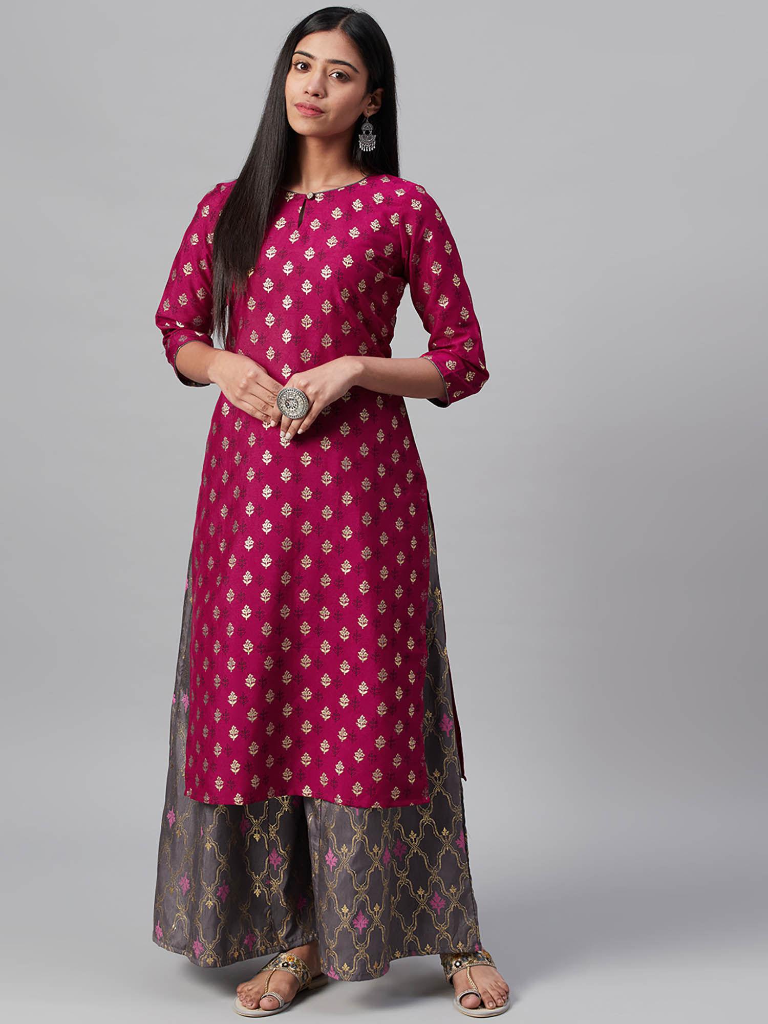 pink poly silk foil printed straight kurta