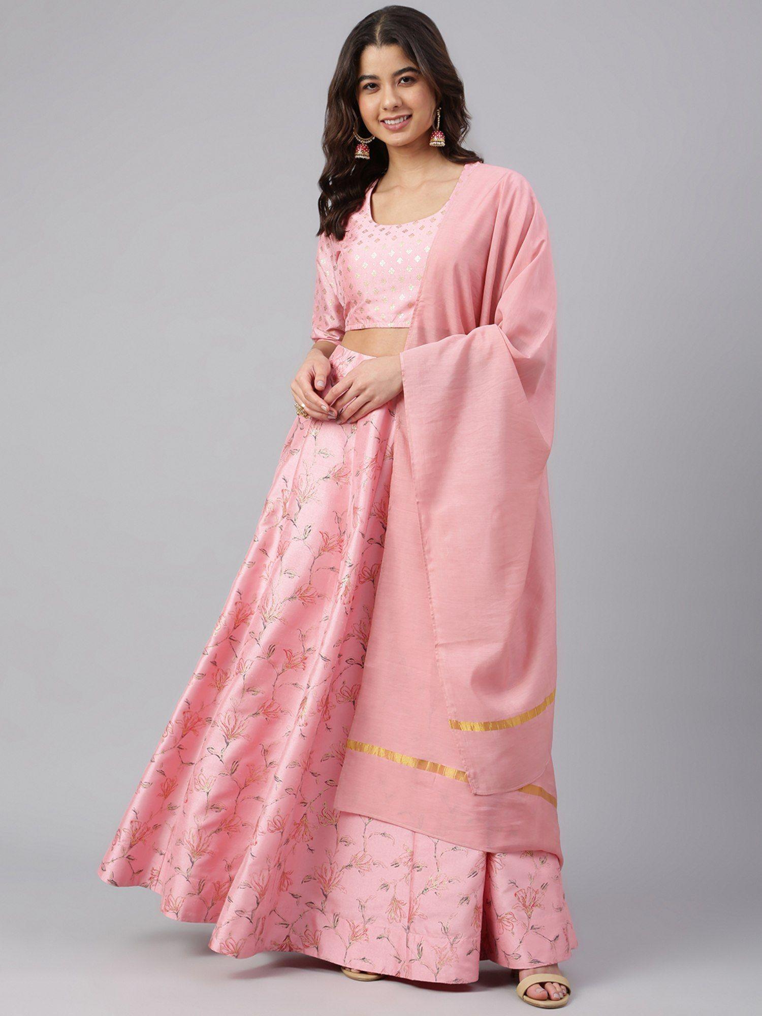 pink poly silk gold print lehenga choli with dupatta