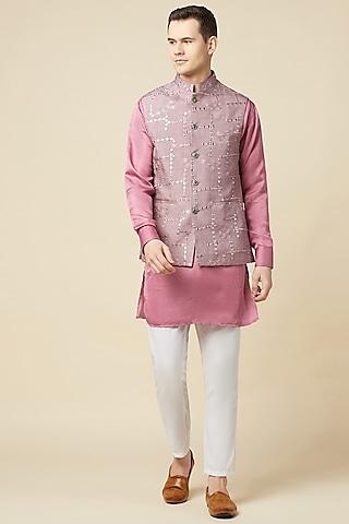 pink polyester cotton embroidered bundi jacket with kurta set for boys
