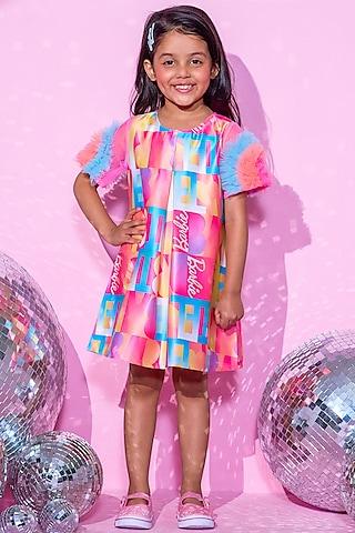 pink polyester digital printed dress for girls