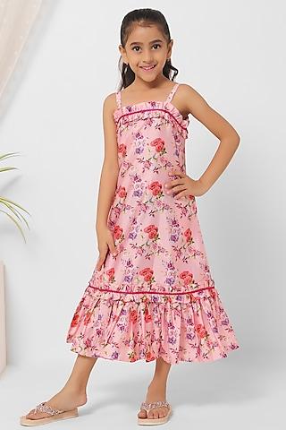 pink polyester printed midi dress for girls