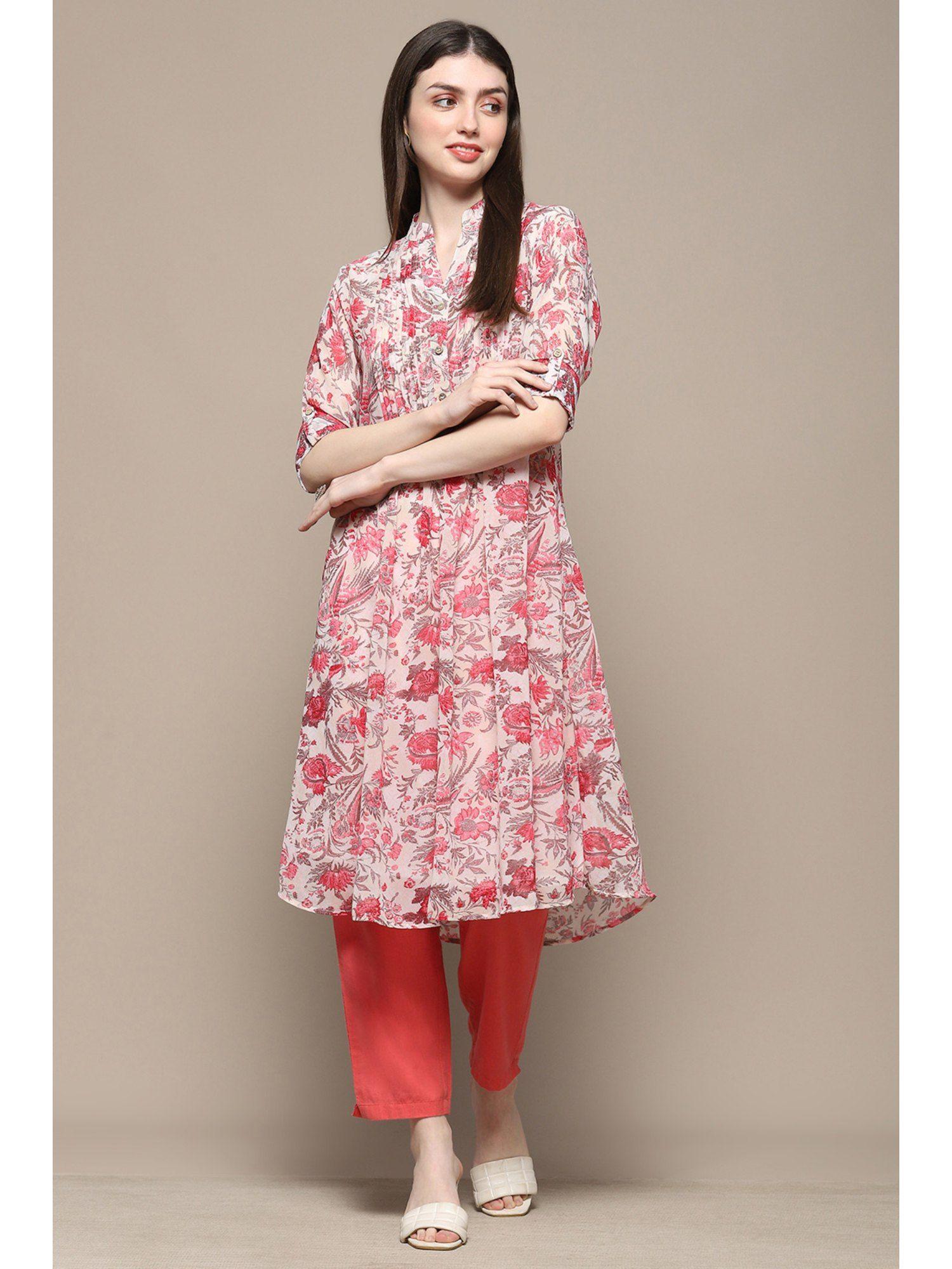 pink polyester straight kurta with inner (set of 2)