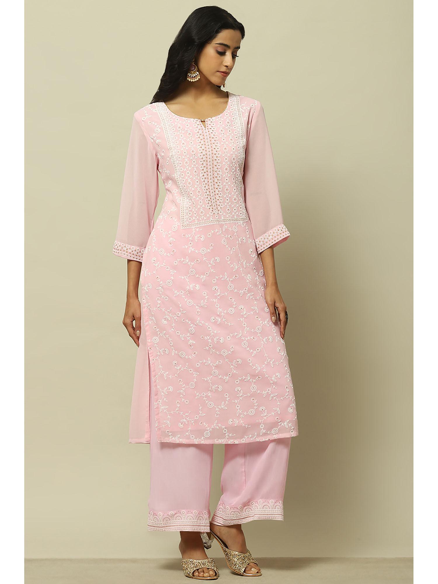 pink polyester straight kurta