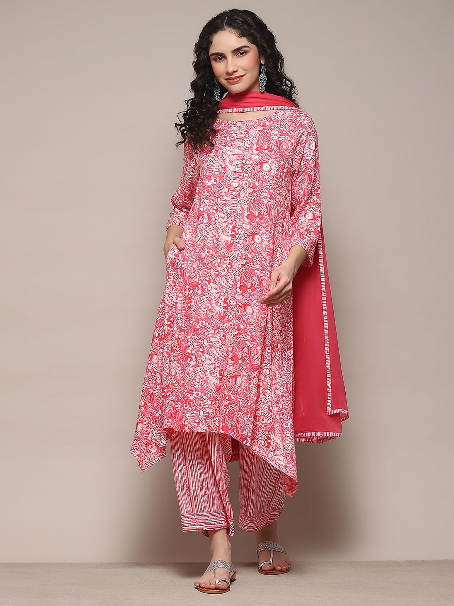 pink polyester straight printed kurta with straight pant & dupatta (set of 3)