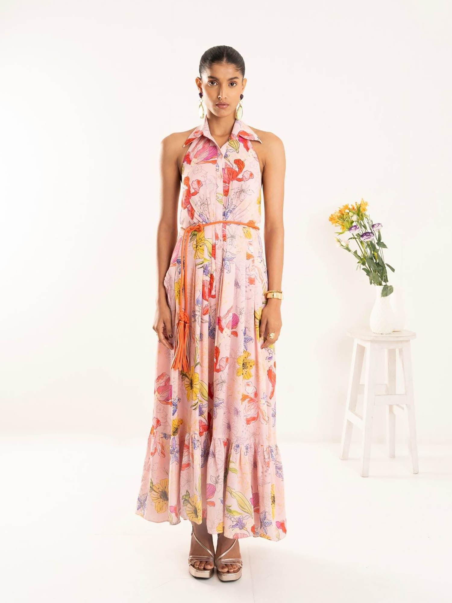 pink poppy printed maxi dress