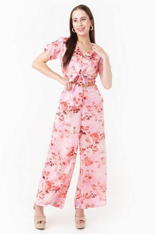 pink print ankle-length casual women regular fit trousers