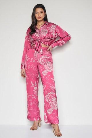 pink print ankle-length casual women straight fit top pant set