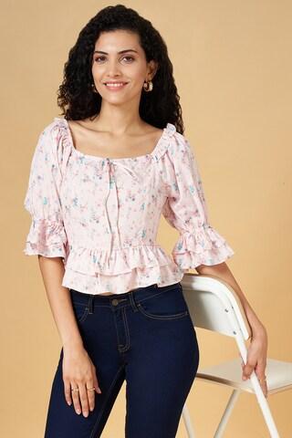 pink print casual  square neck women comfort fit  top