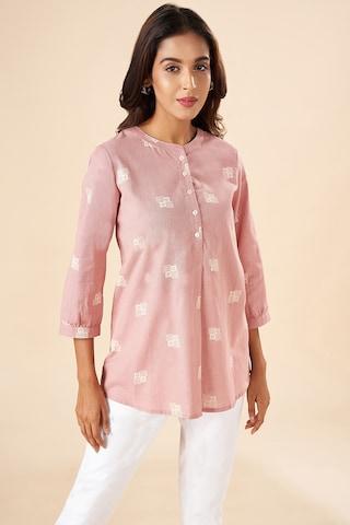 pink print casual 3/4th sleeves mandarin women regular fit  tunic