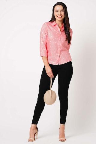 pink print casual 3/4th sleeves regular collar women slim fit shirt