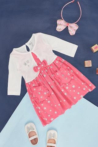 pink print casual full sleeves round neck baby regular fit dress