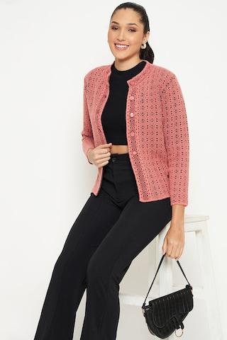 pink print casual full sleeves round neck women regular fit cardigan