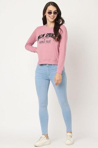 pink print casual full sleeves round neck women slim fit sweatshirt