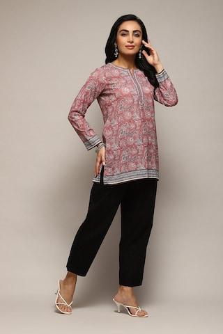 pink print casual full sleeves round neck women straight fit tunic
