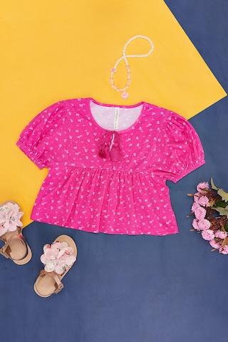 pink print casual half sleeves round neck girls regular fit  top