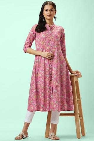 pink print casual mandarin 3/4th sleeves calf-length women regular fit kurta