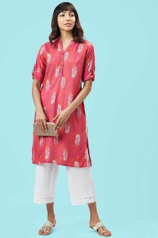 pink print casual mandarin 3/4th sleeves calf-length women regular fit kurta