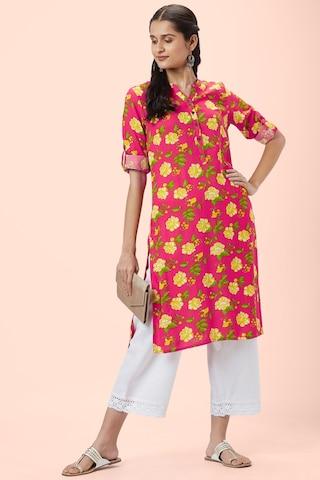 pink print casual mandarin 3/4th sleeves knee length women regular fit kurta