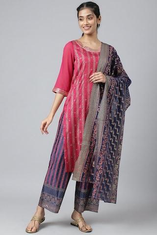 pink print casual round neck 3/4th sleeves ankle-length women regular fit pant kurta dupatta set