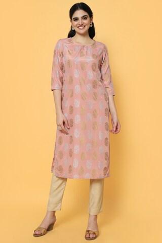 pink print casual round neck 3/4th sleeves calf-length women straight fit kurta