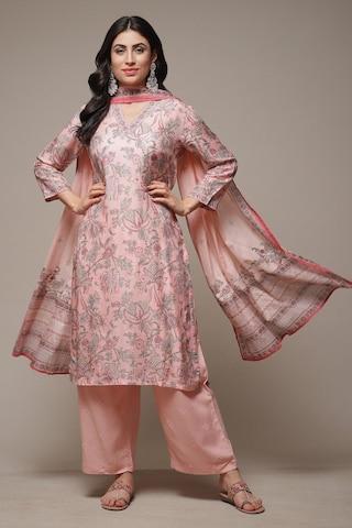 pink print casual v neck 3/4th sleeves ankle-length women straight fit pant kurta dupatta set