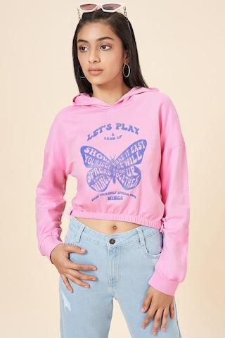 pink print cotton flex hooded neck girls regular fit sweatshirts